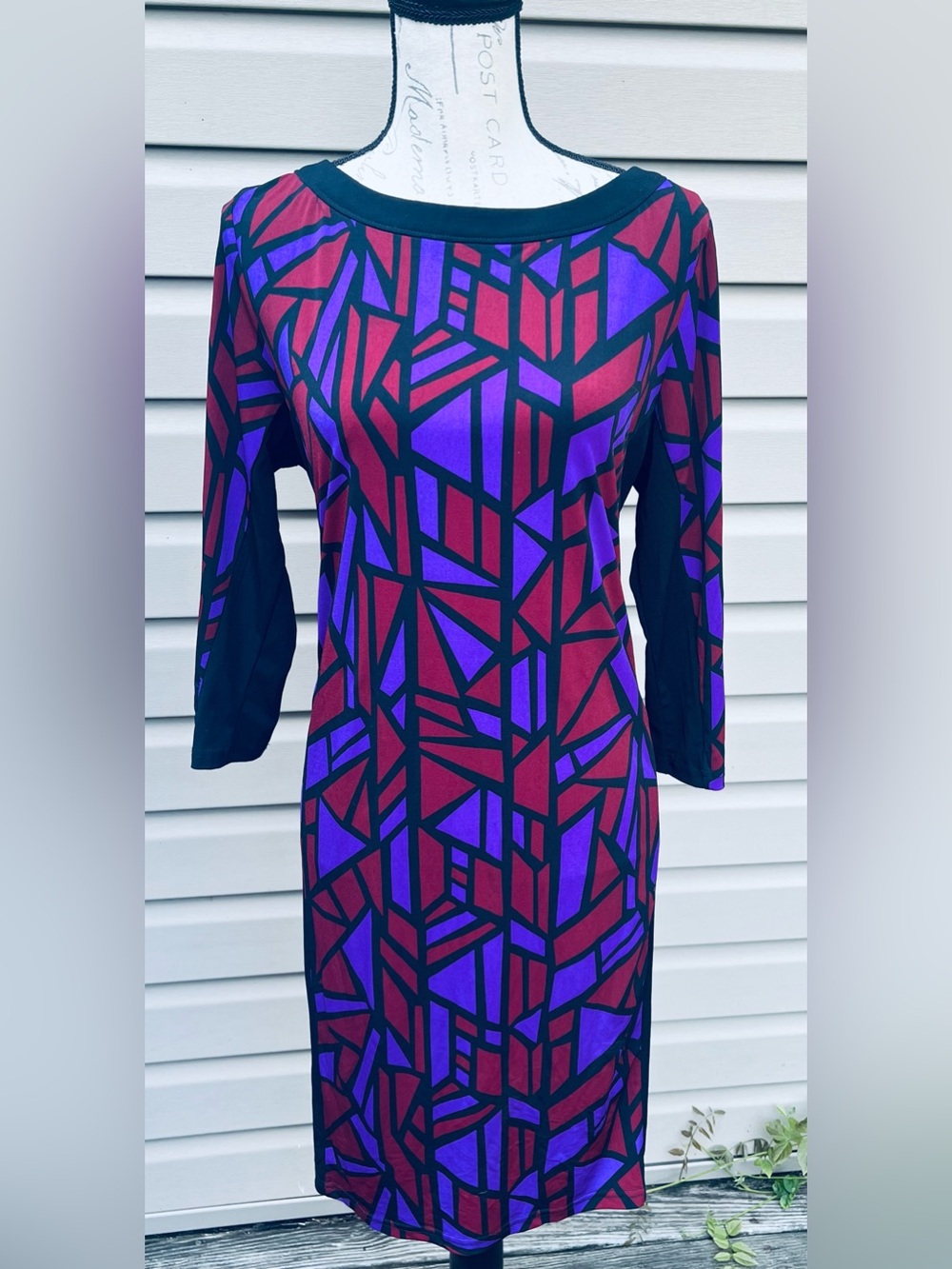 Bob Mackie Purple and Burgundy Geometric Long Sleeve Dress